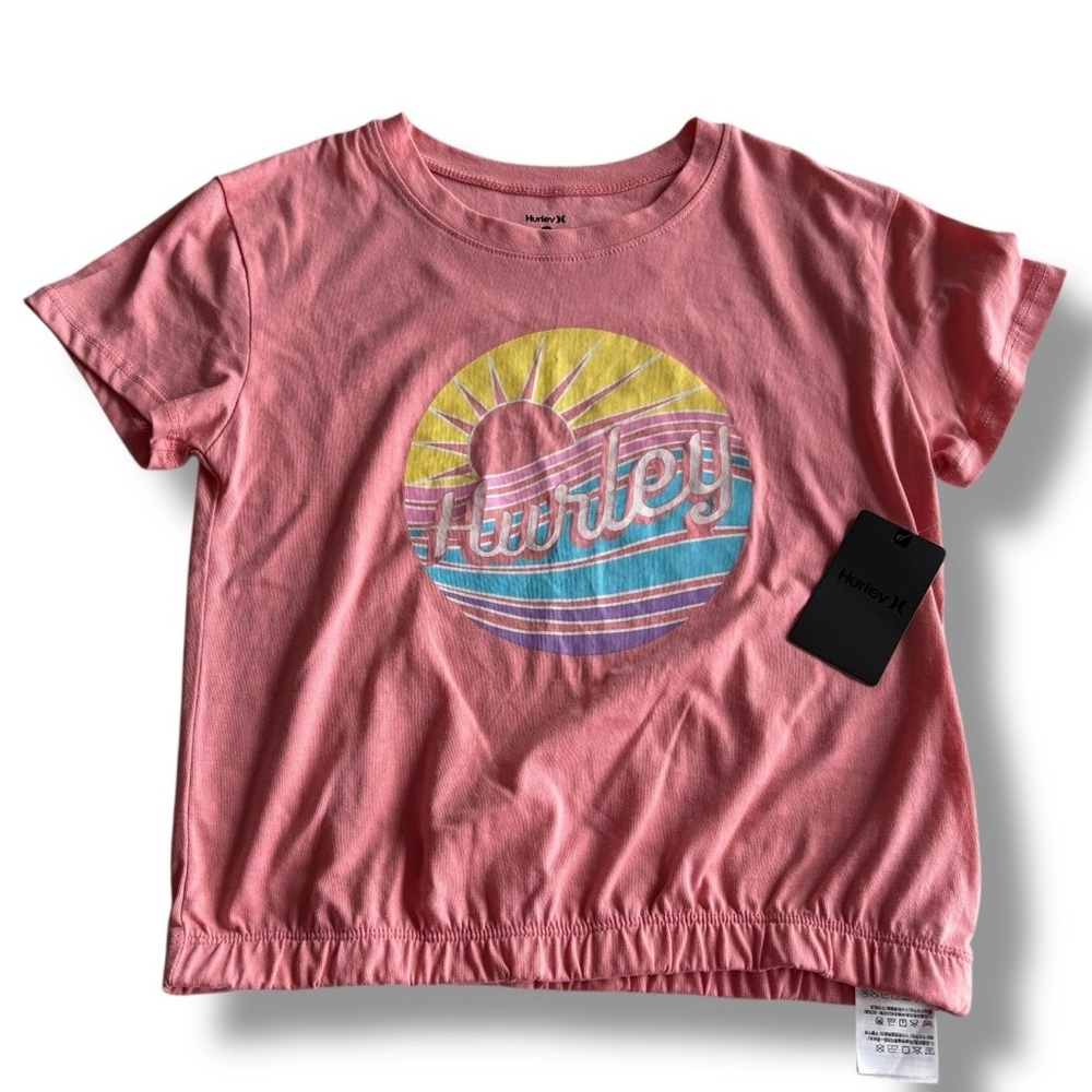 Hurley Sun & Sea Crop Tee Pink Graphic Logo Elastic Hem Large